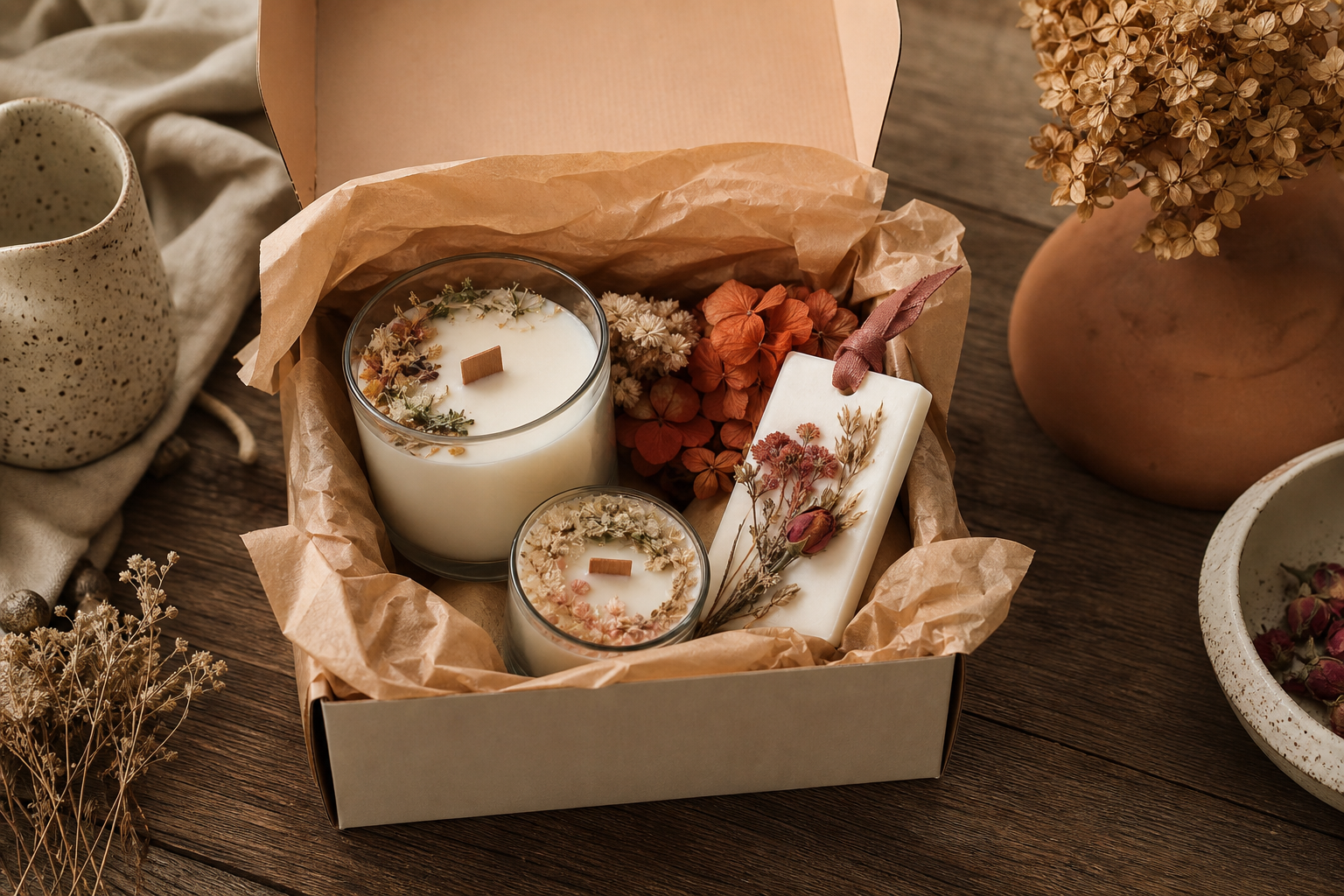 Cofre Carmin Candles abierto con velas y wax sachet