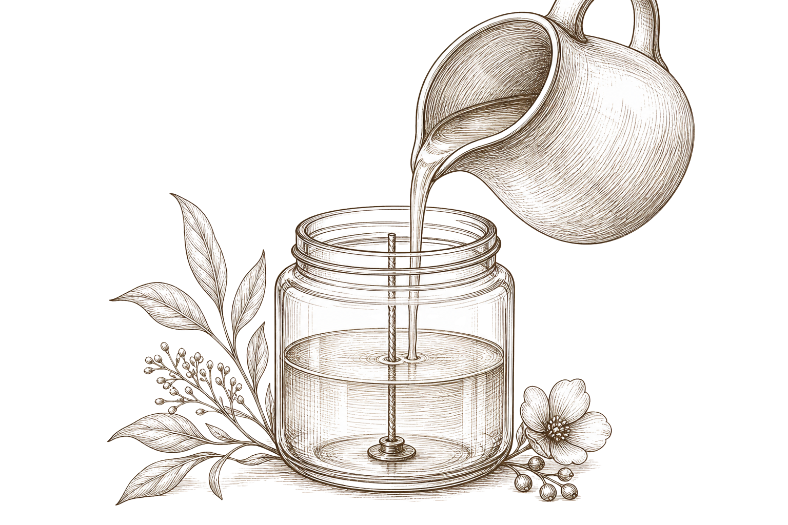 Materiales y botánicos del atelier Carmin Candles