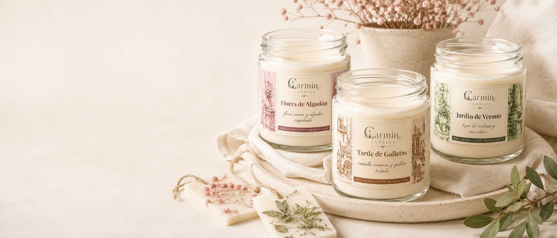 Colección de velas y wax sachets Carmin Candles