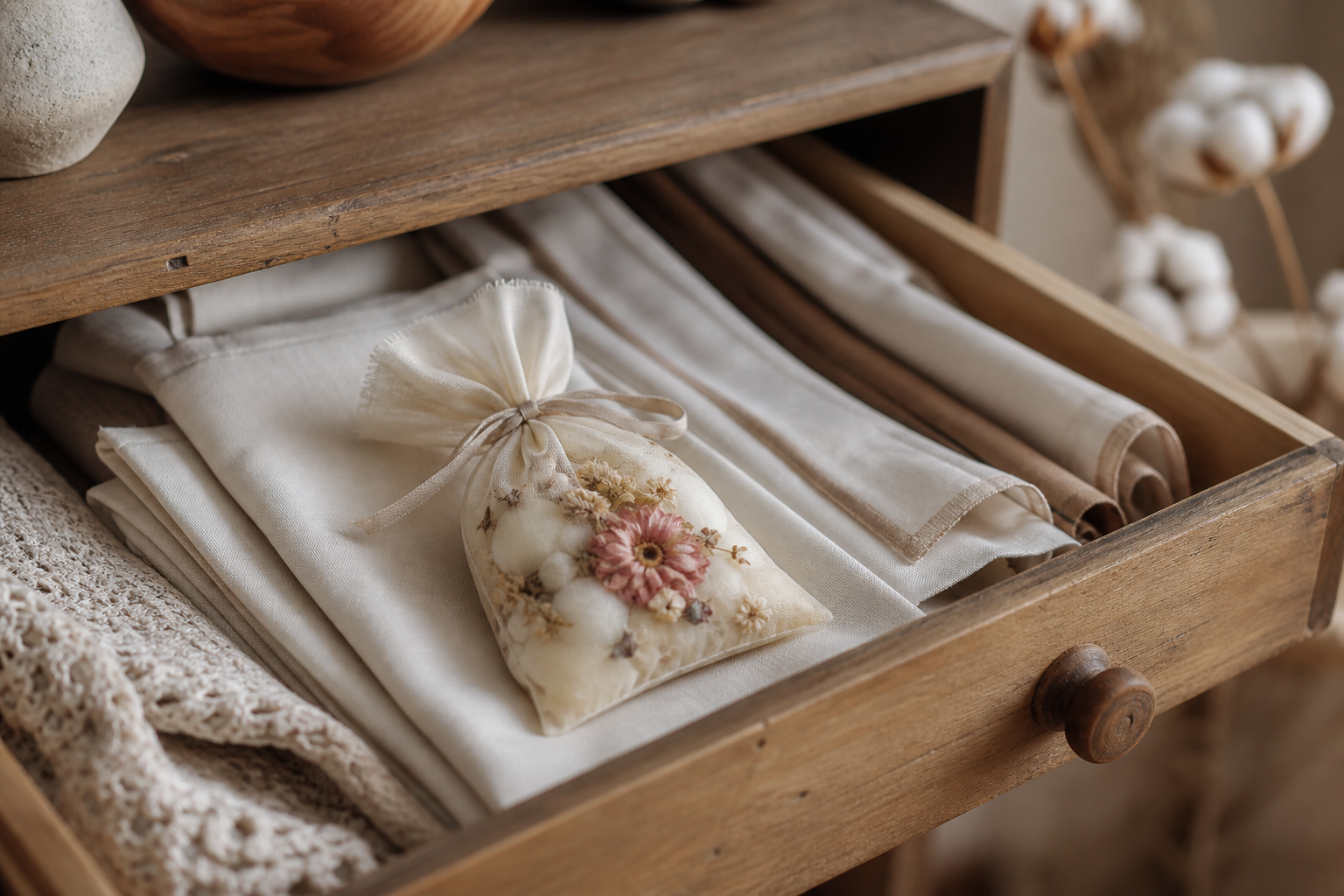 Wax sachet dentro de un cajón con ropa de cama