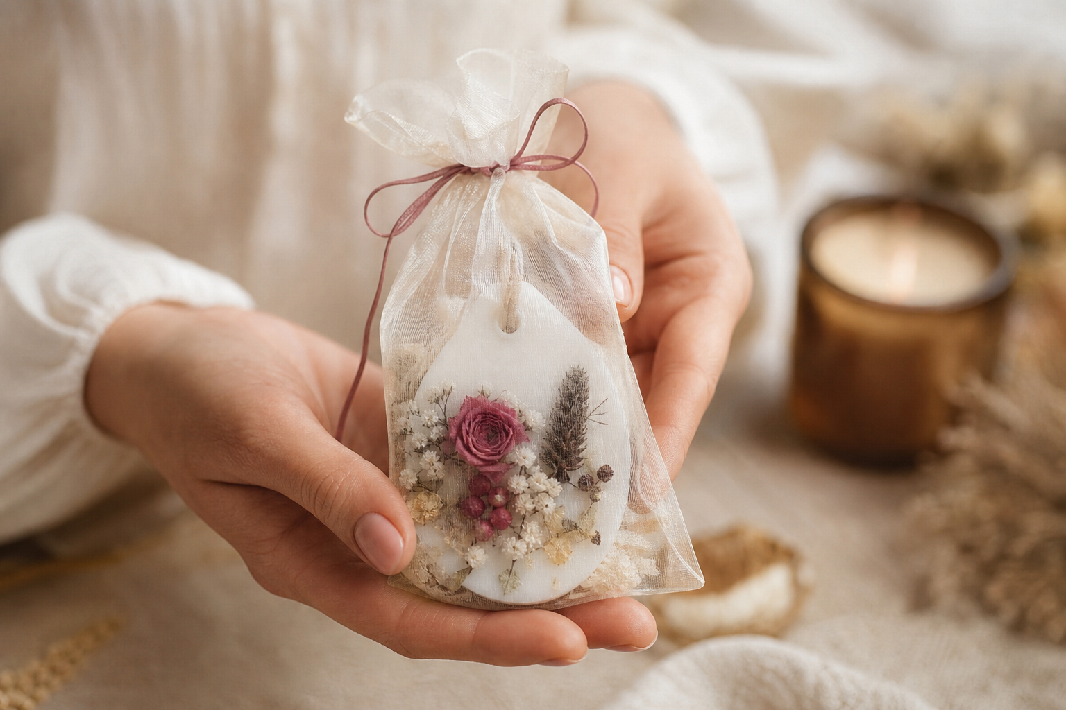 Manos sosteniendo un wax sachet Carmin Candles
