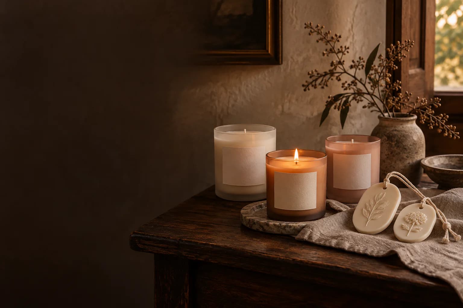 Velas y ambientadores sólidos Carmin Candles sobre una mesa de madera